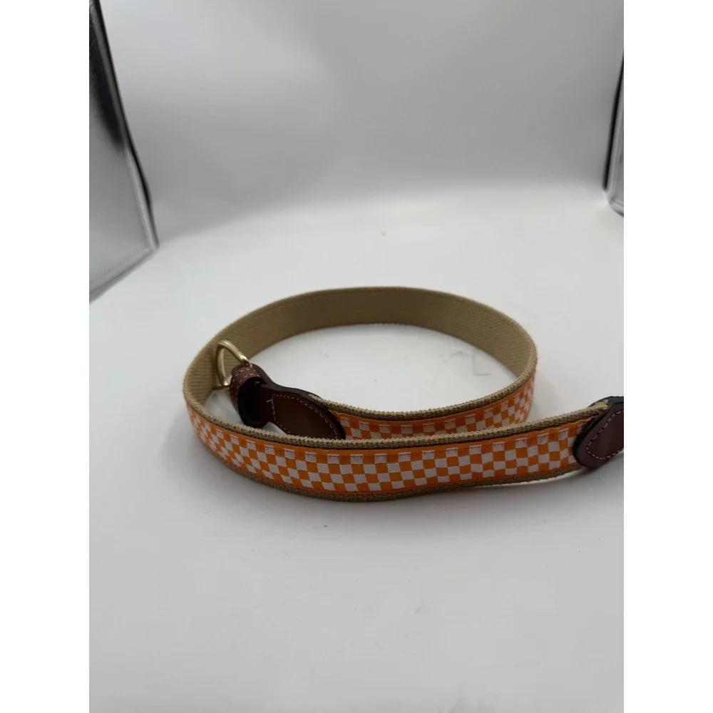Orange White Checkered Ribbon Canvas Web Belt Leather Tabs Brass Buckle Size 34